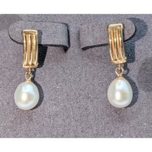 Classic Timeless Marked & Tested 14K Yellow Gold & Pearl Dangle Post Earrings